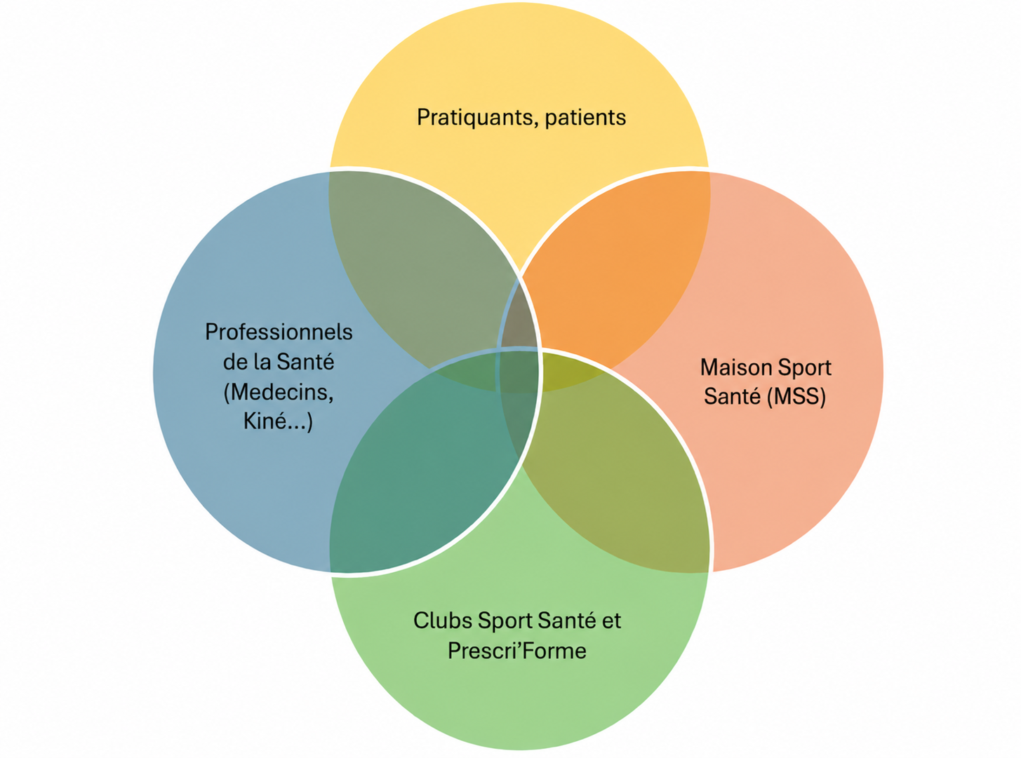 Diagramme de quatre cercles qui se recoupent, figurant les acteurs du réseau sport-santé et leurs coopérations : pratiquants et patients, professionnels de la santé (médecins, kinésithérapeutes…), Maisons Sport-Santé (MSS), clubs Sport-Santé et Prescri'Forme.