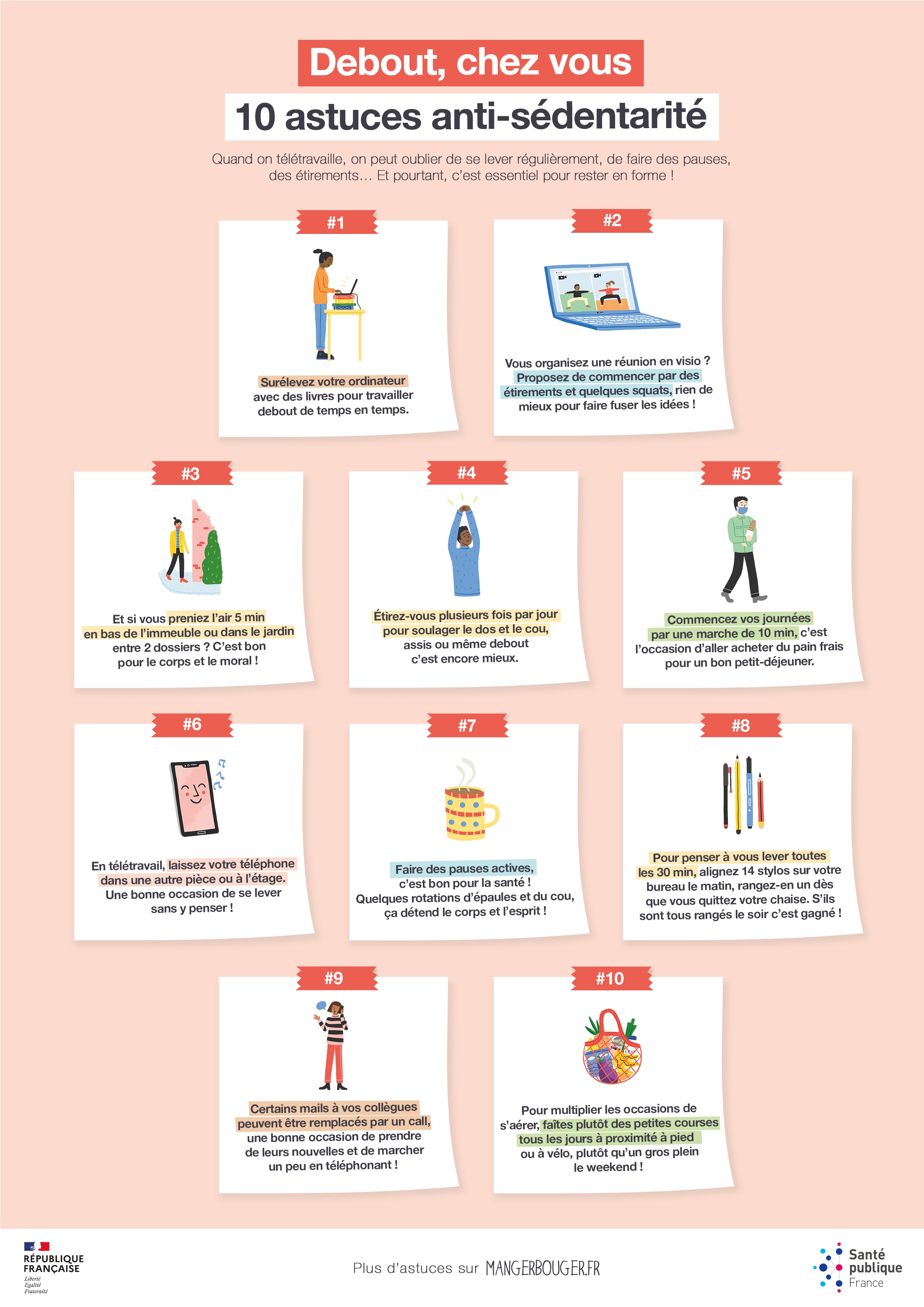 Affiche de Santé publique France « Debout, chez vous » : dix astuces anti-sédentarité en télétravail. Description détaillée sous l'image.